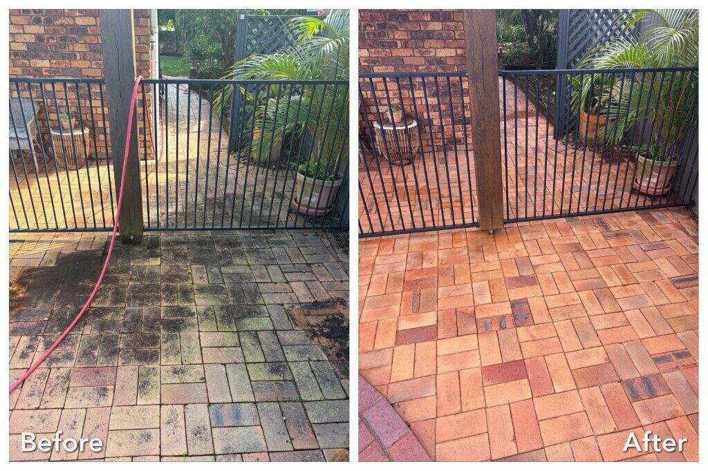 Pressure cleaning service team demonstrating concrete surface restoration