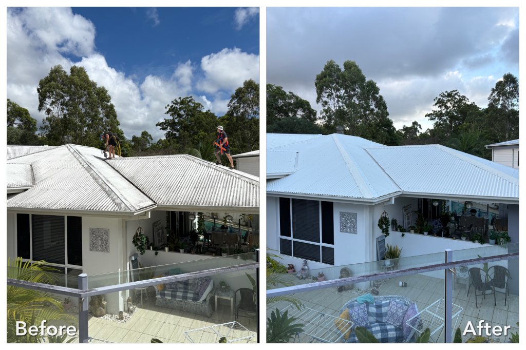 Roof cleaning removing moss and algae from tiles on a Gold Coast home